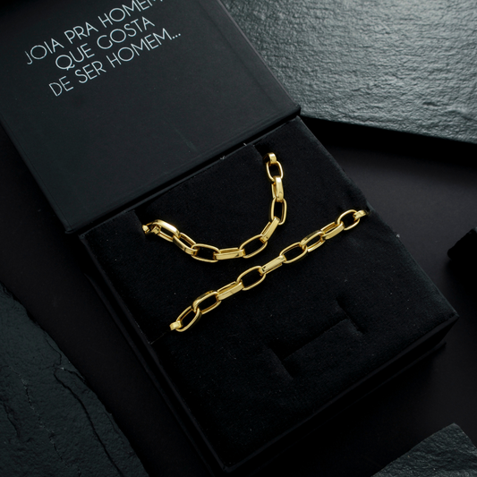 Conjunto Corrente Pulseira Masculina Cartier de Chapa