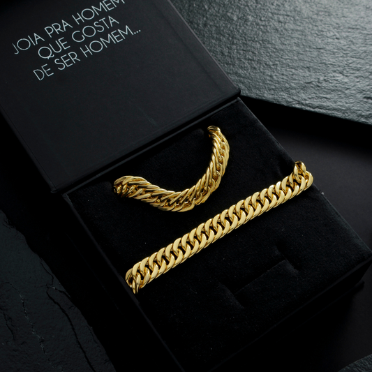 Conjunto Corrente Pulseira Masculina Elo Duplo 10mm