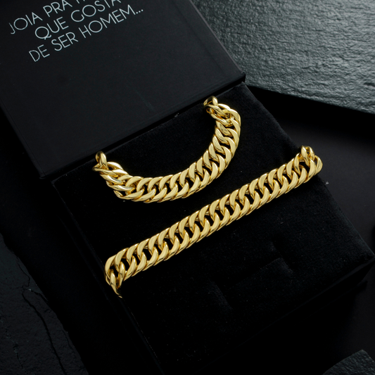 Conjunto Corrente Pulseira Masculina Elo Duplo 12mm