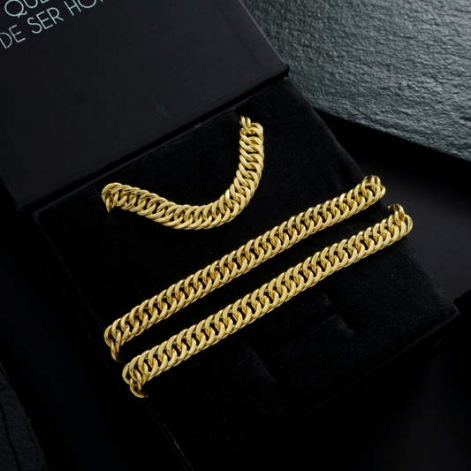 Conjunto Corrente Pulseira Masculina Elo Duplo 8mm